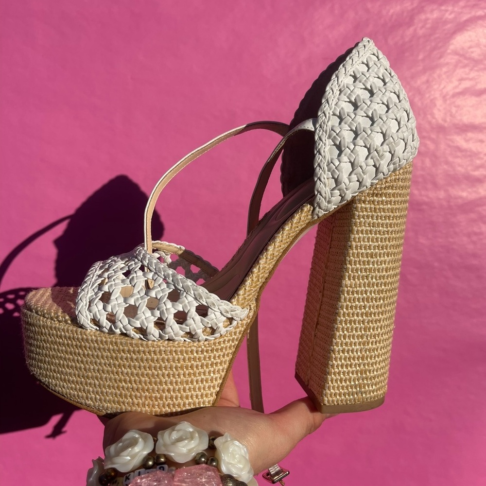 White and Tan Platform Heels